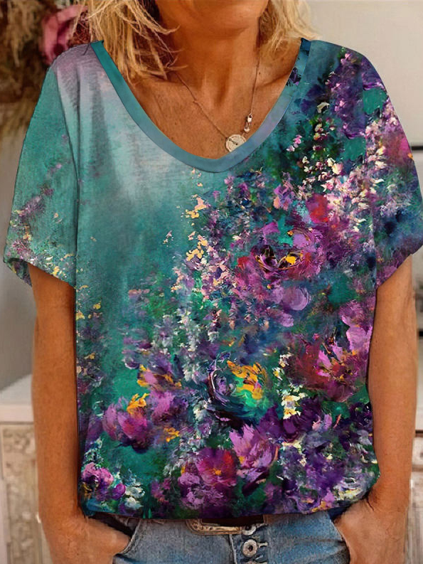 V-neck Casual Loose Floral Print Short Sleeve T-shirt