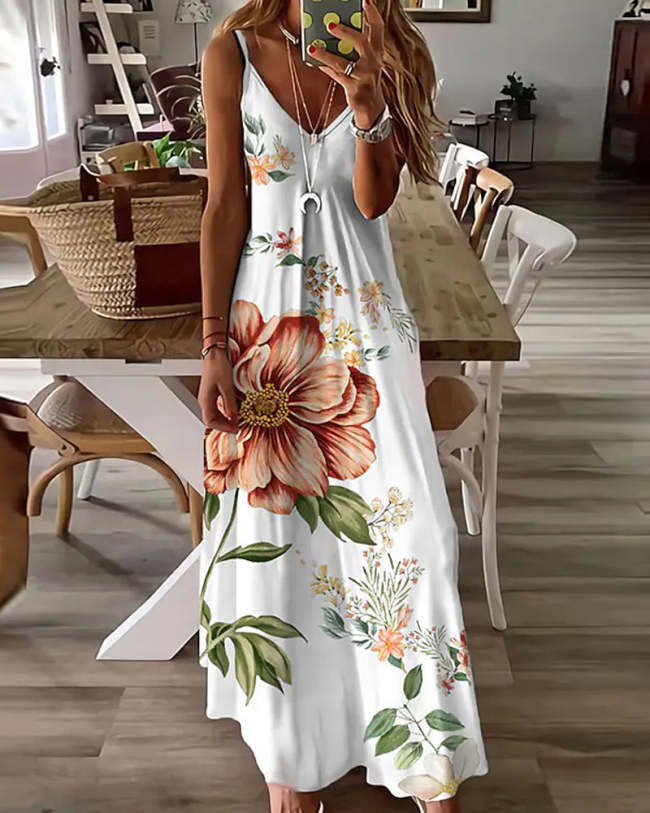 Women's Loose Floral Printed Sleeveless V-Neck Maxi Dresses