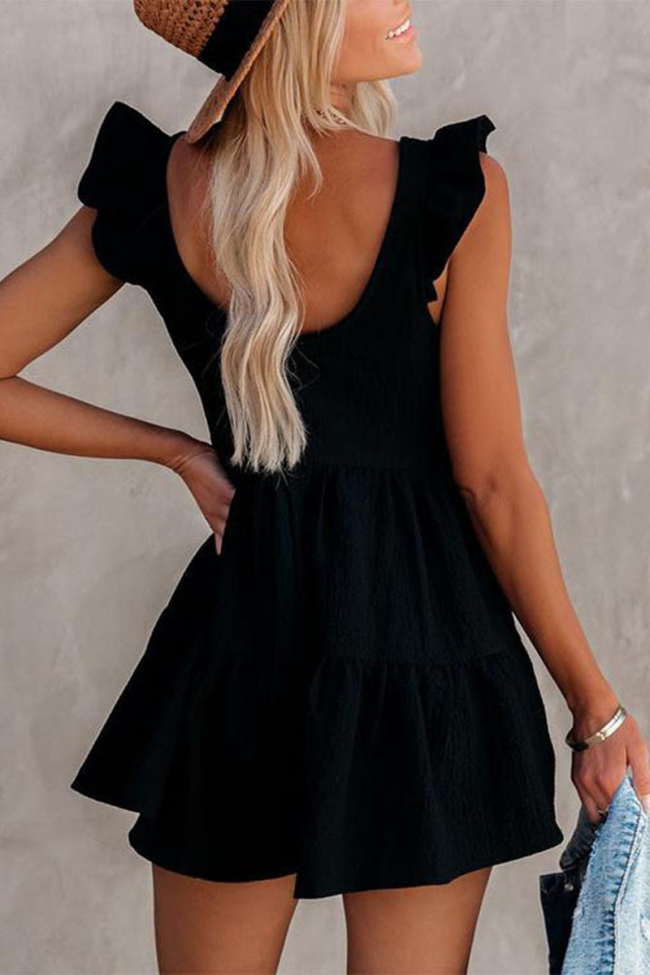 Scallop Sleeve Button Casual Loose Romper Short Jumpsuit