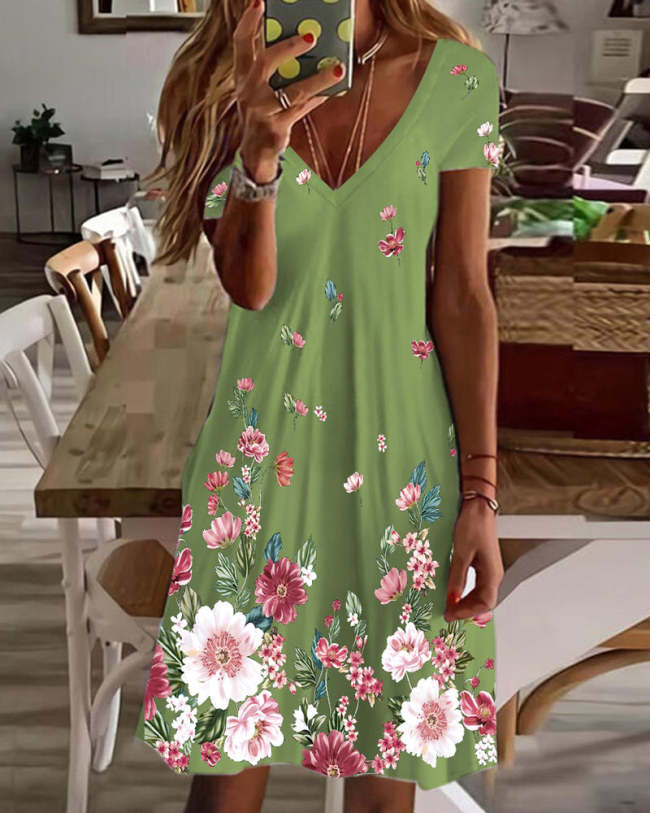 Women's Casual Short Sleeve V-Neck Floral Printed Dresses