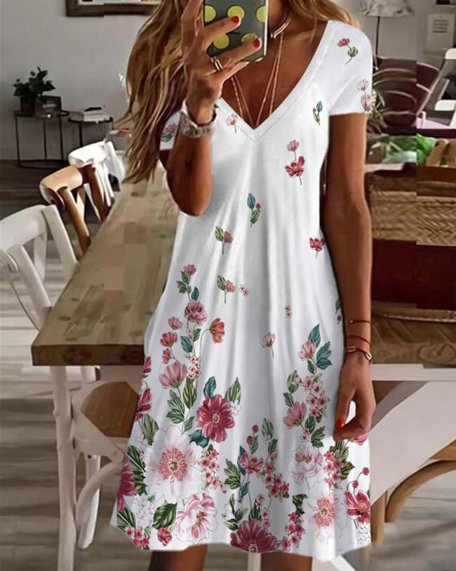 US$ 23.83 - Women's Casual Short Sleeve V-Neck Floral Printed Dresses ...