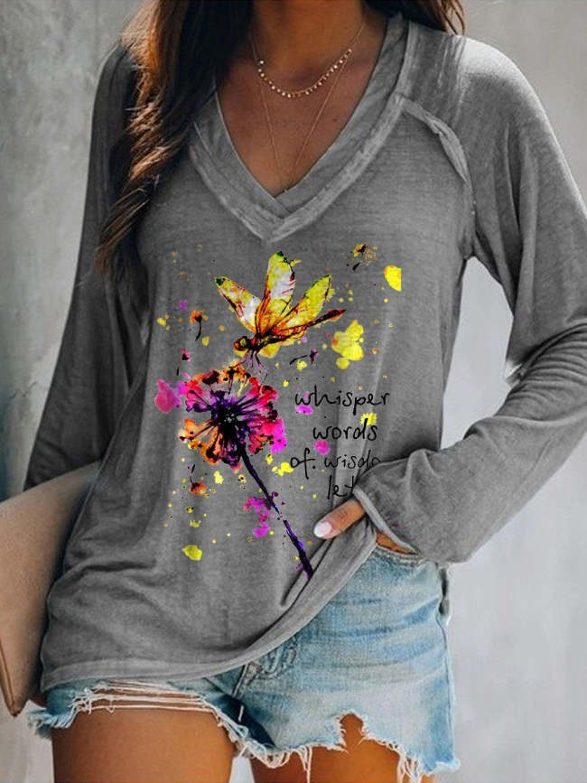 Women Whisper Words Of Wisdom Let It Be Hippie Dandelion Dragonfly Long Sleeve T-Shirt