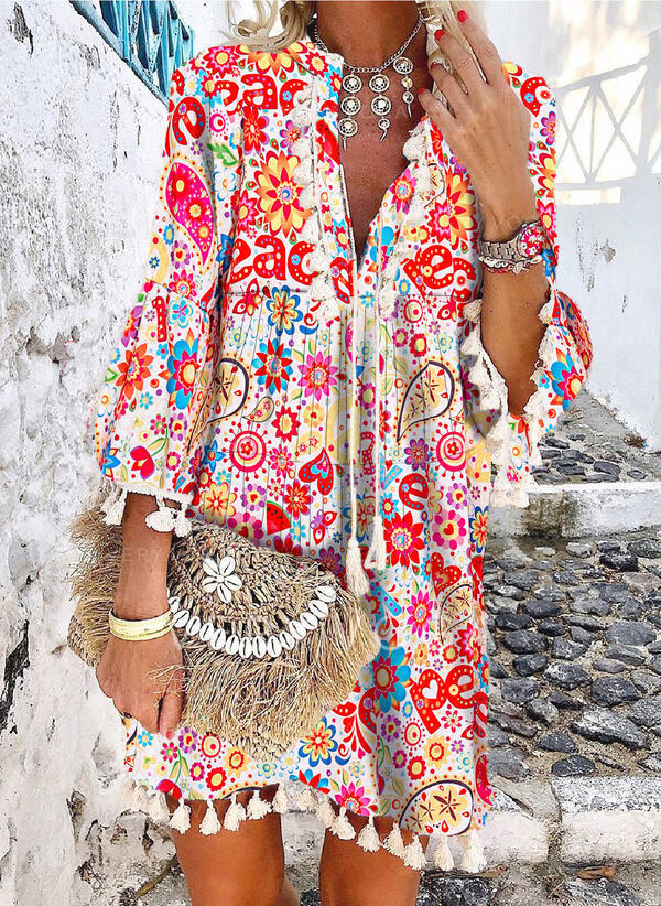 Print/Floral/Heart/Letter/Animal 3/4 Sleeves Flare Sleeve Shift Above Knee Casual/Vacation Tunic Dresses