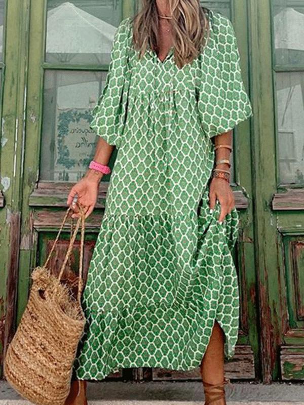 Women's Maxi Dresses Green Printed Long Sleeve Loose Bohemian Dress