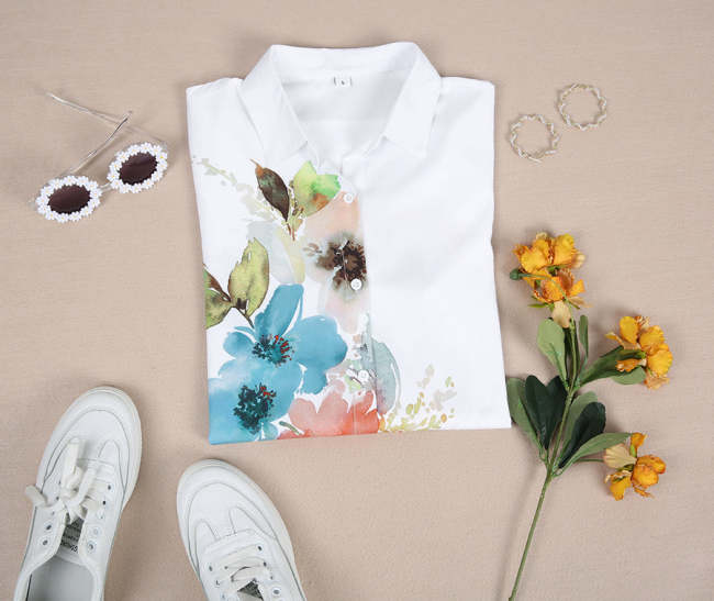 Loosen Floral Print Shirt Collar Long Sleeve Tops
