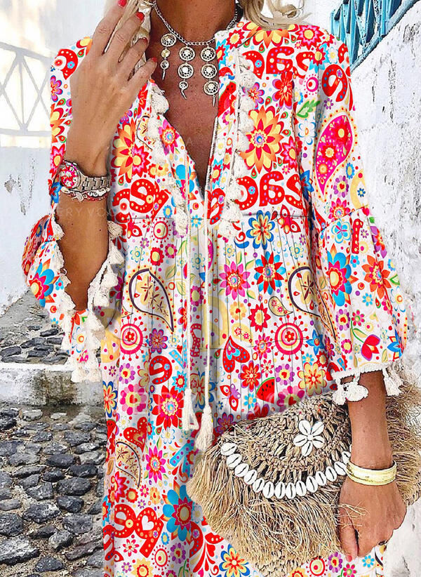Print/Floral/Heart/Letter/Animal 3/4 Sleeves Flare Sleeve Shift Above Knee Casual/Vacation Tunic Dresses