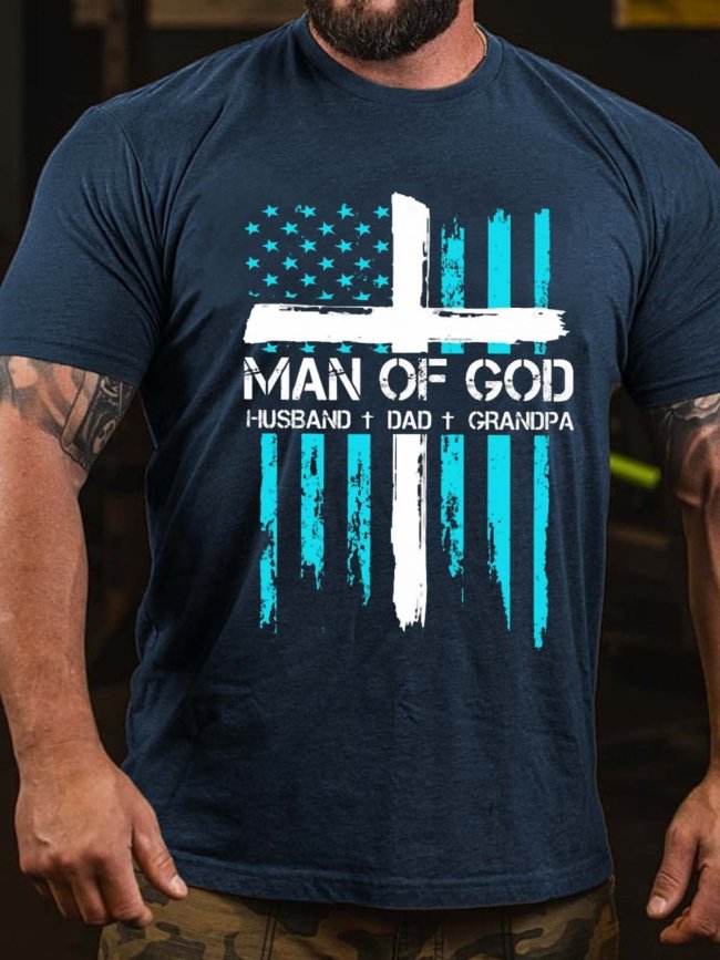 Men's Man Of God Husband Dad Grandpa American Flag Print T-Shirt