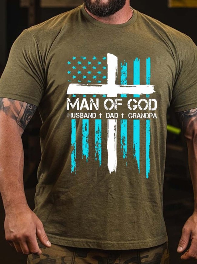 Men's Man Of God Husband Dad Grandpa American Flag Print T-Shirt