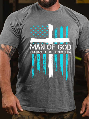 Men's Man Of God Husband Dad Grandpa American Flag Print T-Shirt