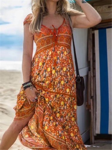 Women's Boho Beach Dresses Printed Sling V-Neck Maxi Dress