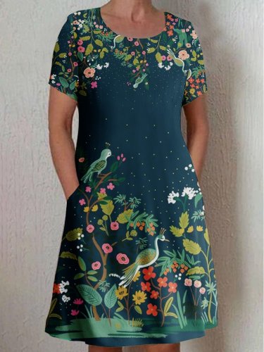 Women's Floral Art Print A Line Crew Neck Midi Dress