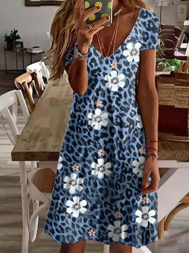 Women's Blue Leopard Floral Print A Line Casual Midi Dress