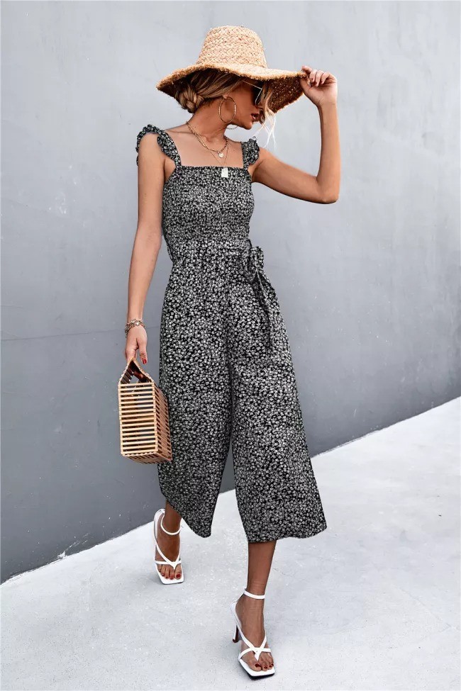 Women's Jumpsuits Floral Printed Flyer Sleeve Belted Jumpsuit