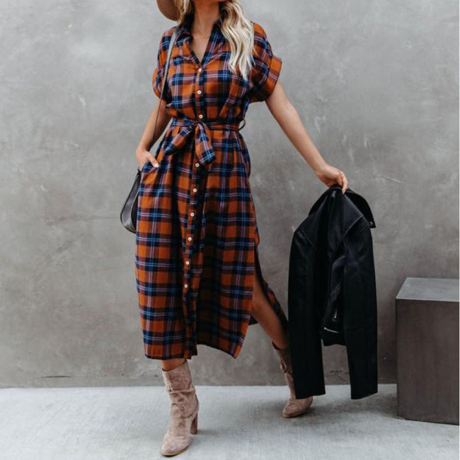 2022 New Women's Maxi Dress Plaid Print Belt Waist Loose Maxi Dress