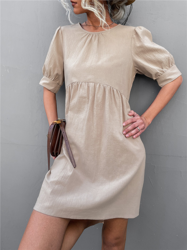 Women's Midi Dress Solid Color Basic Round Neck Button Puff Sleeve Dress