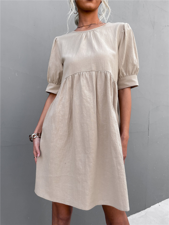 Women's Midi Dress Solid Color Basic Round Neck Button Puff Sleeve Dress