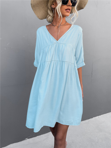 Women's Casual Summer Dress Solid Color V-Neck Loose Casual Swing Dress