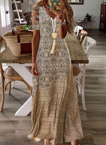 Women's Bohemian Dress Ethnic Print V-Neck Casual Holiday Maxi Dress