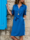 Solid Color Lapel 3/4 Sleeve Shirt Dress Lace-Up Midi Dress