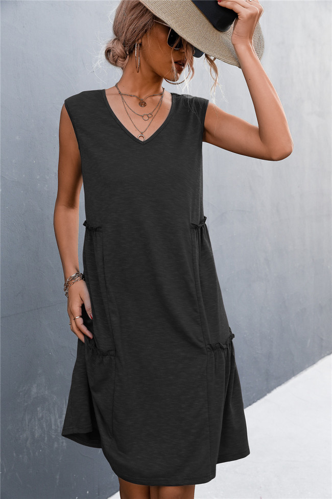 Solid Color V-Neck Sleeveless Tank Top Knit Dress Summer Causal Mini Dress