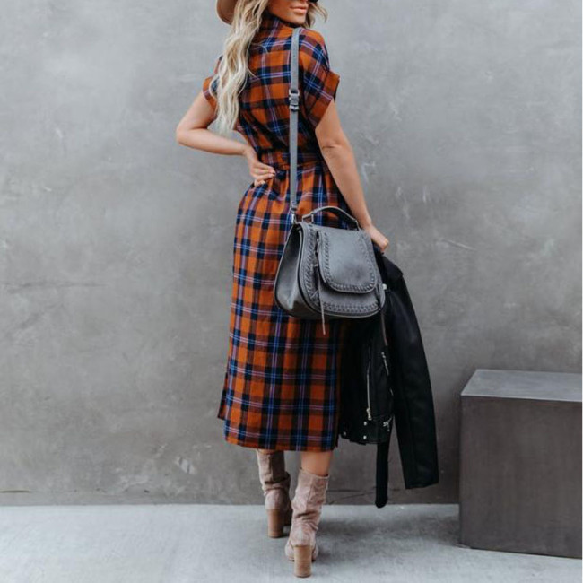 2022 New Women's Maxi Dress Plaid Print Belt Waist Loose Maxi Dress