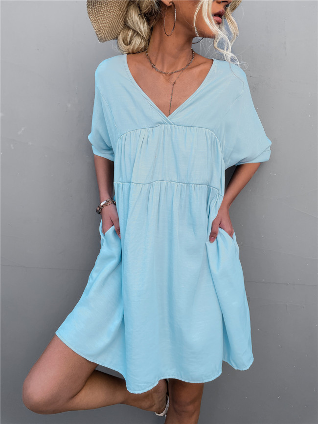 Women's Casual Summer Dress Solid Color V-Neck Loose Casual Swing Dress