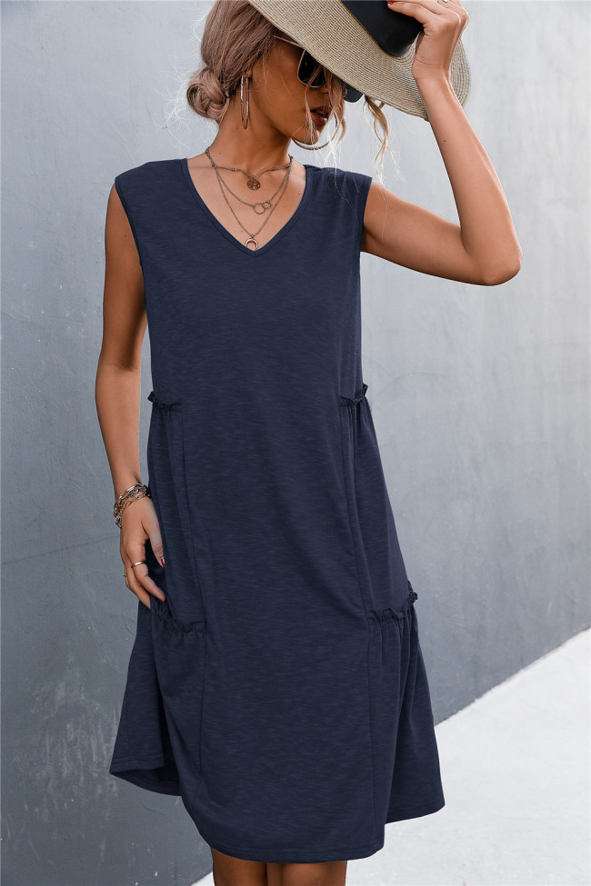 Solid Color V-Neck Sleeveless Tank Top Knit Dress Summer Causal Mini Dress