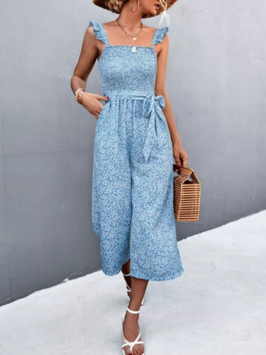 Women's Jumpsuits Floral Printed Flyer Sleeve Belted Jumpsuit