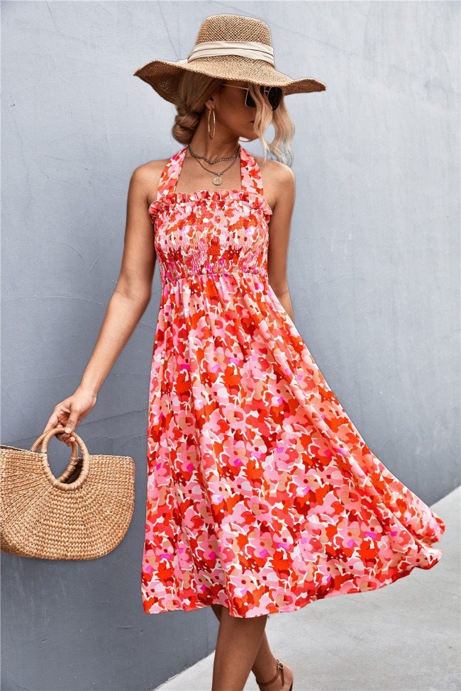 Women's Boho Dress Ruffled Halterneck Floral Print Midi Beach Holiday Dress