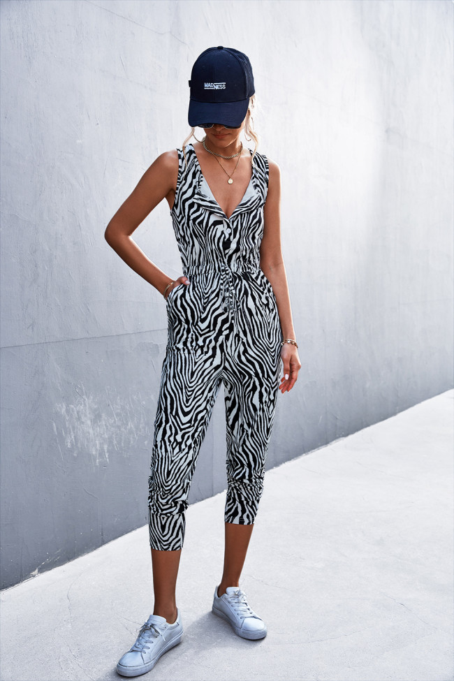 Women's Casual Jumpsuit Leopard Print Sleeveless Overall Jumpsuit