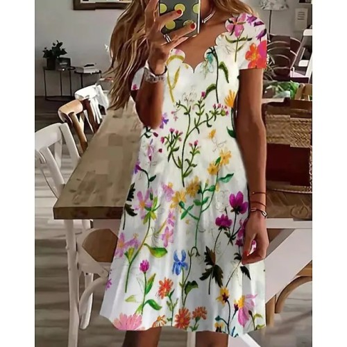 Women's Summer Mini Dress Floral Print A Line V-Neck Casual Dress