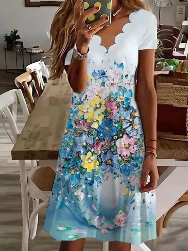 Women's Summer Mini Dress Floral Print A Line V-Neck Casual Dress