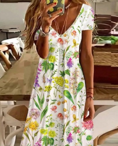 Women's Spring Floral V-Neck Short Sleeve Mini Dress