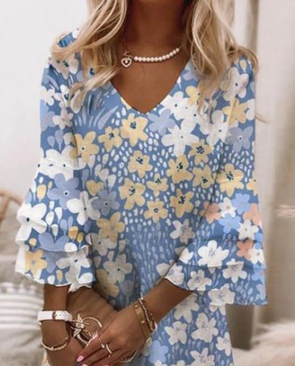 2022 Women's Floral Print V-neck 3/4 Ruffle Sleeve Loose Casual Holiday Midi Dress