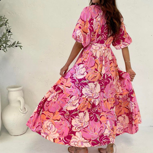 Women's Pink Floral Dress Loose V-Neck Slit Maxi Holiday Dress