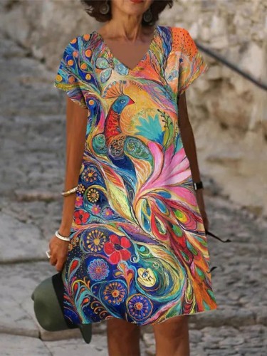 V-Neck Colorful Print Casual A Line Loose Midi Dress