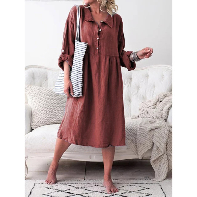 Women's Midi Dress Solid Color Basic Lapel Button Down Long Sleeve Loose Linen Dress