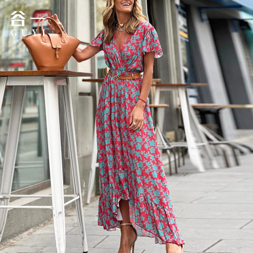 2022 Women's Maxi Dress Casual Floral Printed V-Neck Short Sleeve Holiday Dress