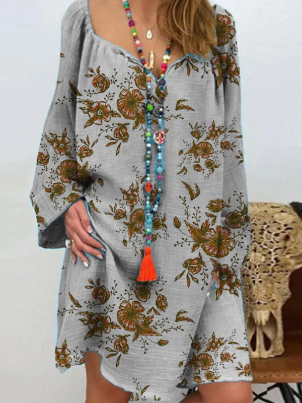 Women's Plus Size Loose V-Neck Long Sleeve Butterfly Print Mini Dress