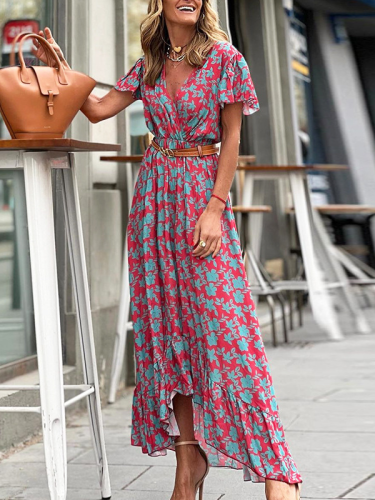 2022 Women's Maxi Dress Casual Floral Printed V-Neck Short Sleeve Holiday Dress