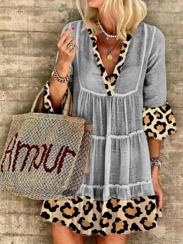 Women's Leopard Patchwork Cotton Linen Dress Casual Mini Dress