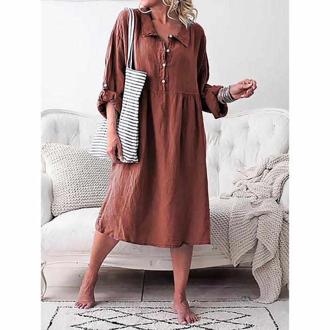 Women's Midi Dress Solid Color Basic Lapel Button Down Long Sleeve Loose Linen Dress