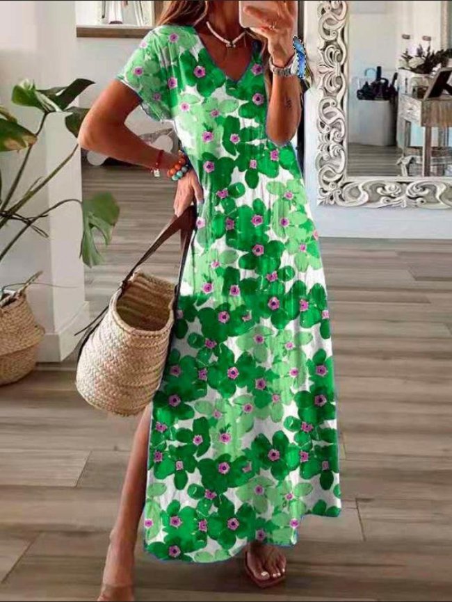 2022 Women's Maxi Dress Floral Print Holiday Slit Casual Dress
