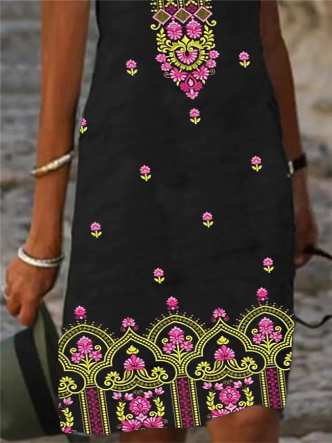 Women's Linen Dress Ethnic Boho Style Black Casual Midi Dress
