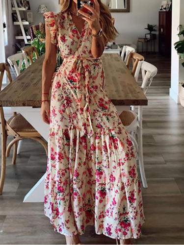 Women's Bohemian Dress V-Neck Belt Lace Up Floral Print Holiday Maxi Dress