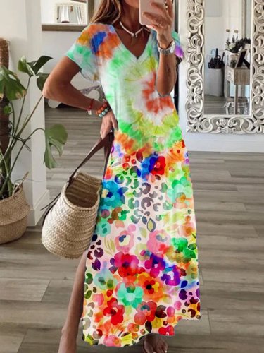 2022 Women's Maxi Dress Colorful Floral Print Holiday Slit Casual Dress
