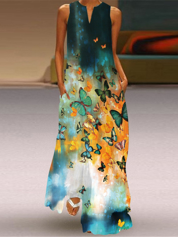 Womens Vintage Print Maxi Dress V-Neck Multicolor Sleeveless Dress