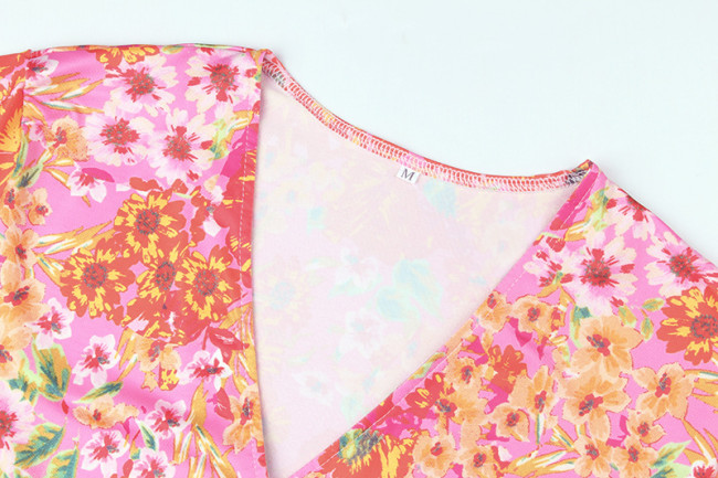 Women's Floral Printed Short Sleeve V-Neck Mid Waist Slit Maxi Dress