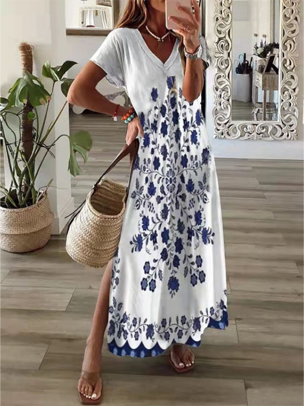 2022 New Women's Maxi Dress V-Neck Art Painting Print Boho Style Casual Dress