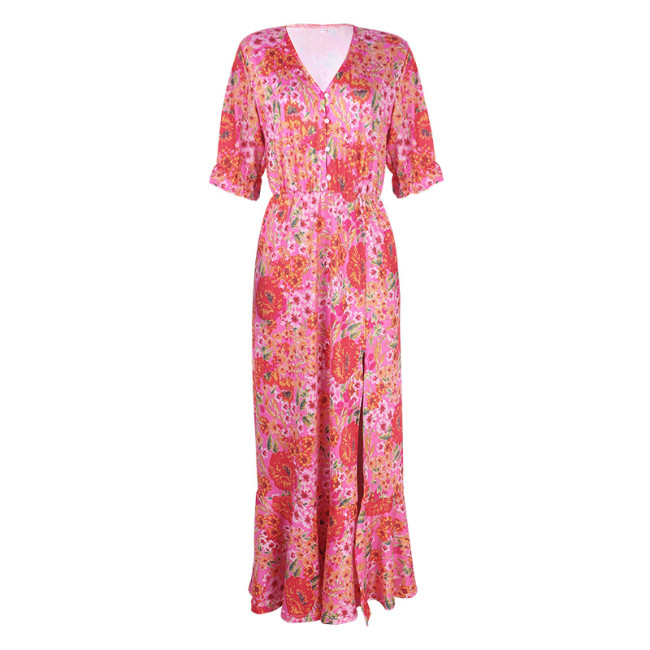 Women's Floral Printed Short Sleeve V-Neck Mid Waist Slit Maxi Dress